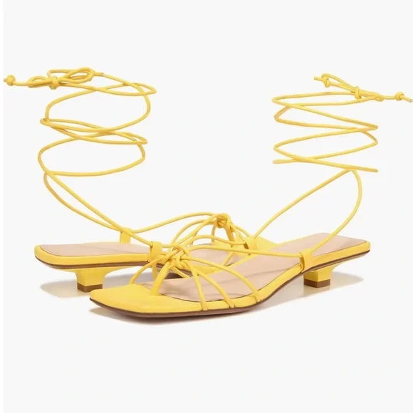 Veronica Beard Foley Ankle Tie Pineapple Yellow Leather Kitten Heels Sandals 7.5 - Picture 15 of 16